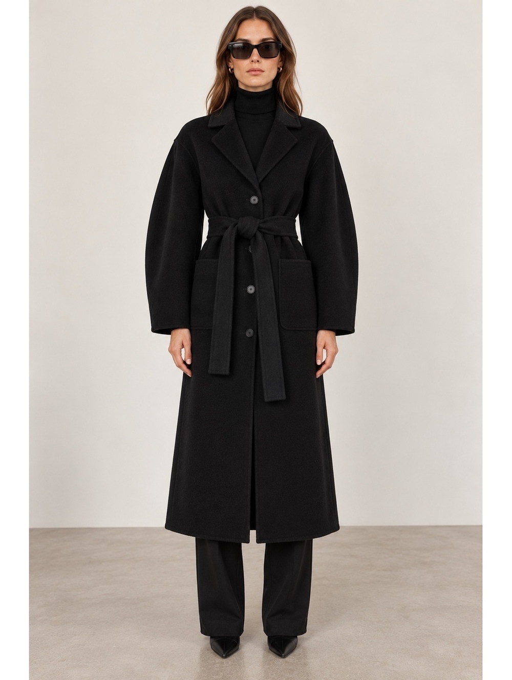 Mango MNG Handmade Black Wool Blend Belted Long Coat Women’s S Quiet Luxury